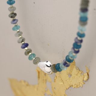 Blue Mix Bead Necklace with Silver Plated Pebble by Peace of Mind